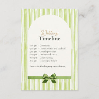 Cartão De Informações Green Stripe Wedding Timeline Cards with QR Code