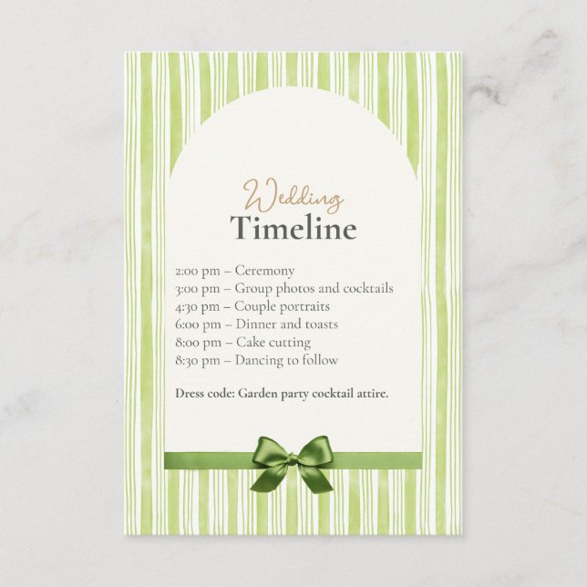 Cartão De Informações Green Stripe Wedding Timeline Cards with QR Code (Frente)