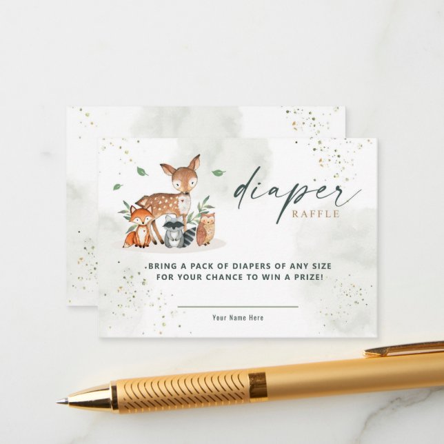 Cartão De Informações Greenerescer Woodland Chá de fraldas Fralda Raffle (Frente/Verso In Situ)