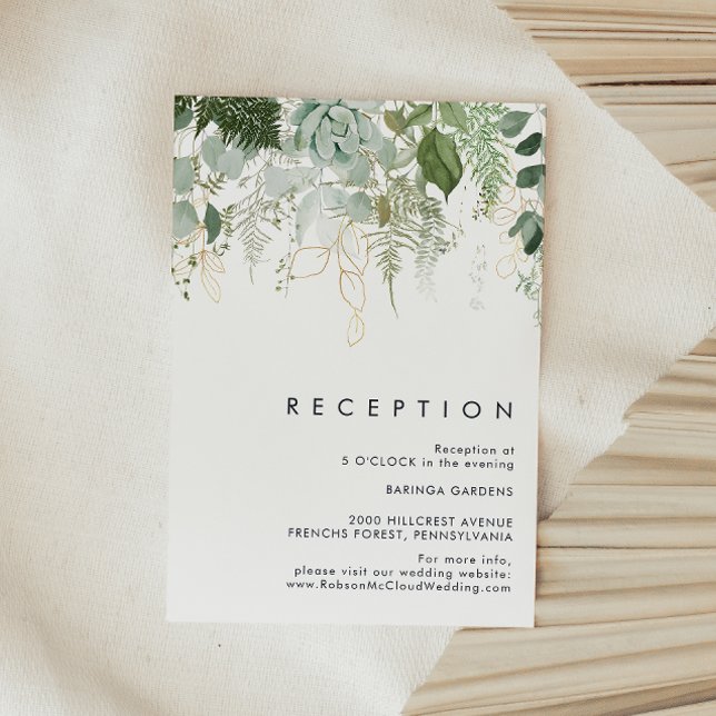 Cartão De Informações Greenery and Gold Leaf Wedding Reception Card (Criador carregado)