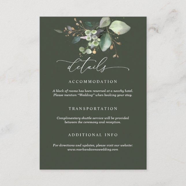 Cartão De Informações Greenery and Gold Wedding Details Card (Frente)