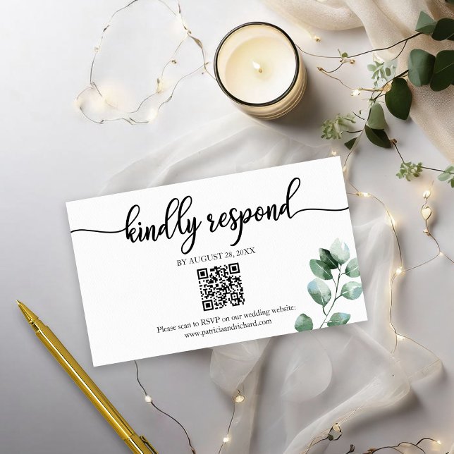 Cartão De Informações Greenery Eucalyptus Wedding QR RSVP Online (Criador carregado)