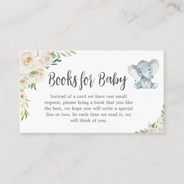 Cartão De Informações Greenery Floral White Elephant Livros para Bebê (Frente)