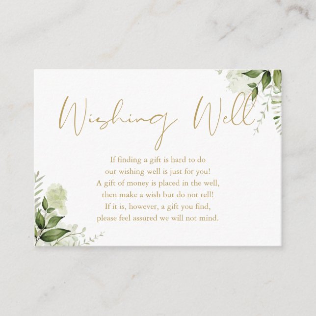 Cartão De Informações Greenery Gold Script Poço de Desejos Casamento (Frente)