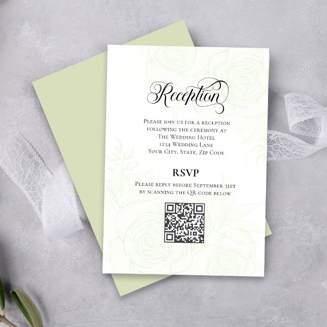 Cartão De Informações Greenery Script Wedding QR Code Reception Card (Elegant greenery wedding reception card with QR code for easy guest RSVP.)