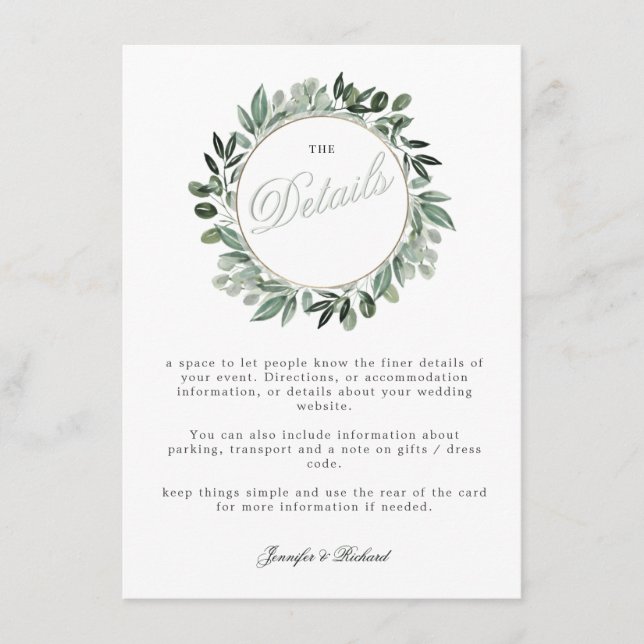 Cartão De Informações Greenery Squarelett, buquê aquarela verde (Frente)