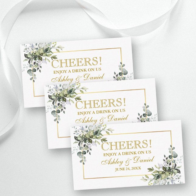 Cartão De Informações Greenery Wedding Reception Gold Drink Ticket Card (Customize to change text color, style, size or to add more text to back of card.)