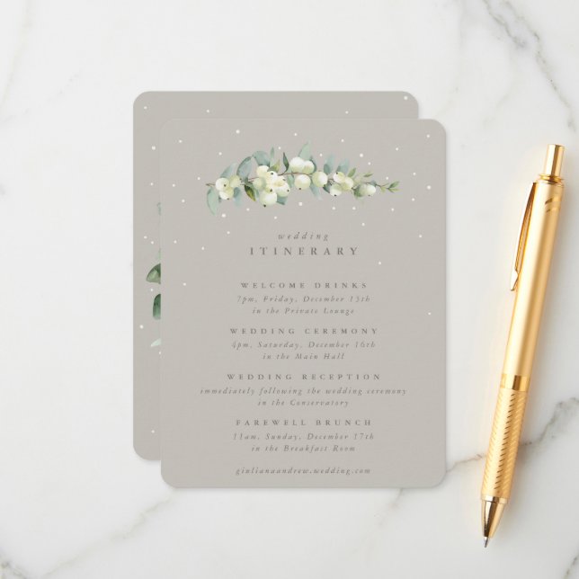 Cartão De Informações Greige Snowberry+Eucalyptus Stem Wedding Itinerári (Frente/Verso In Situ)