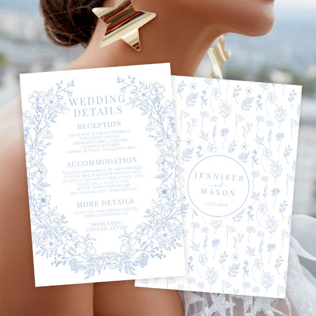 Cartão De Informações Grinalda floral azul elegante detalhes de casament (Criador carregado)