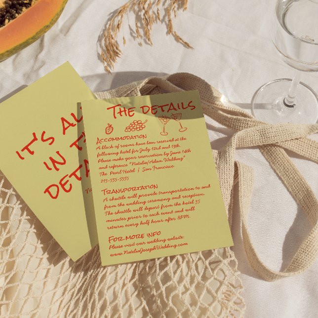 Cartão De Informações Hand Drawn Red Quirky Unique Fun Wedding Details (Criador carregado)