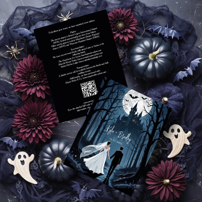 Cartão De Informações Haunted Castle Halloween Wedding Couple (Wedding Couple in Spooky Forest Toward Haunted Castle Enclosure Cards with QR Code.)