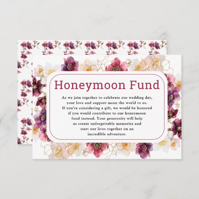 Cartão De Informações Hellebore Floral Burgundy Wedding Honeymoon Fund (Frente/Verso)