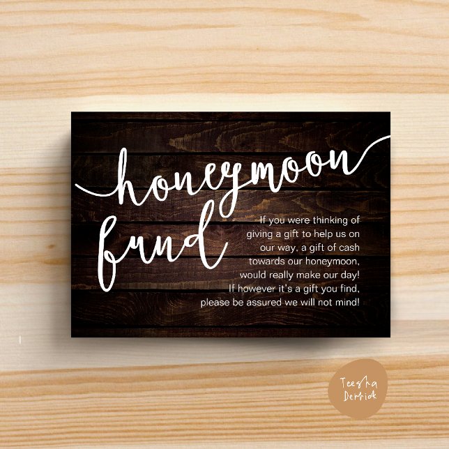 Cartão De Informações Honeymoon Fund Cash Wish, uma nota sobre presentes (Honeymoon Fund Cash Wish, a note on gifts Enclosure Card Rustic Dark Wood)
