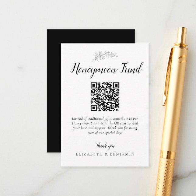 Cartão De Informações Honeymoon Fund Wedding QR Code Minimal Elegant (Frente/Verso In Situ)