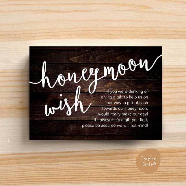 Cartão De Informações Honeymoon Wish Cash Fund, uma nota sobre presentes (Honeymoon Fund Cash Wish, a note on gifts Enclosure Card Rustic Dark Wood)