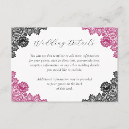 Cartão De Informações Hot Pink and Black Floral Lace Wedding Details