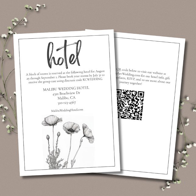 Cartão De Informações Hotel Floral Elegant Wedes Brancos (White Poppies Wedding Hotel Details Enclosure Card, simple and elegant with modern typography.)