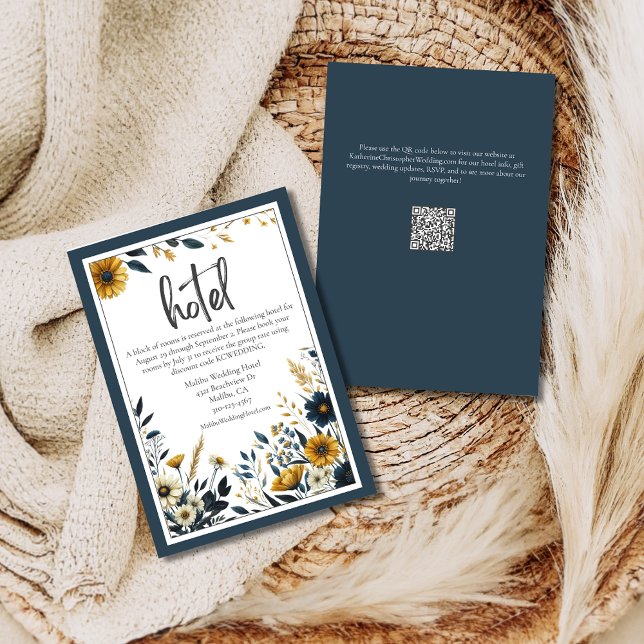 Cartão De Informações Hotel Formal Elegante de Flores Amarelas Azul (Blue Yellow Formal Elegant Wedding Hotel Information Card with hotel details and reservation info.)
