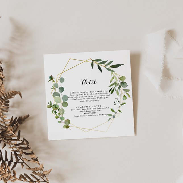 Cartão De Informações Hotel Geométrico Dourado de Caligrafia Verde (Criador carregado)
