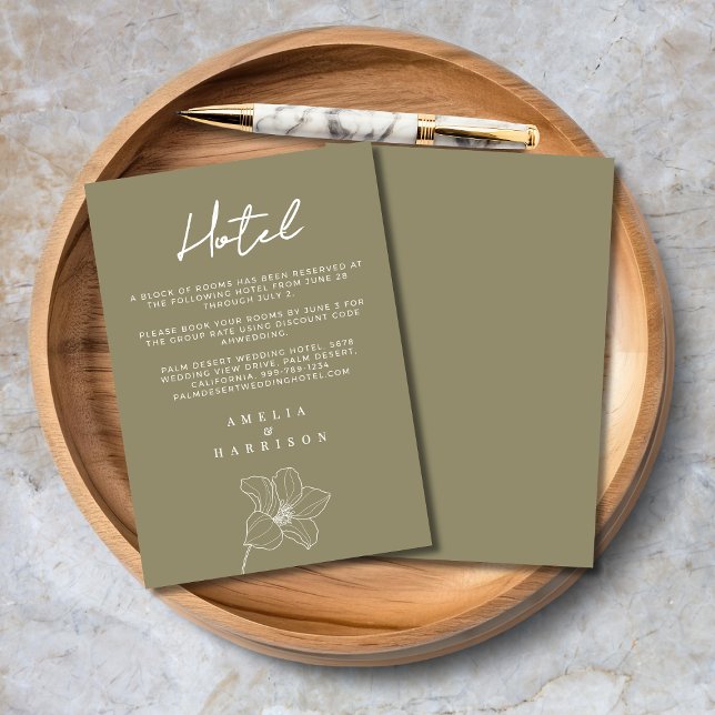 Cartão De Informações Hotel Olive Green Elegant Floral Wedding (Olive Green Elegant Floral Wedding Hotel Enclosure Card with Line Art Flower, Script Calligraphy.)