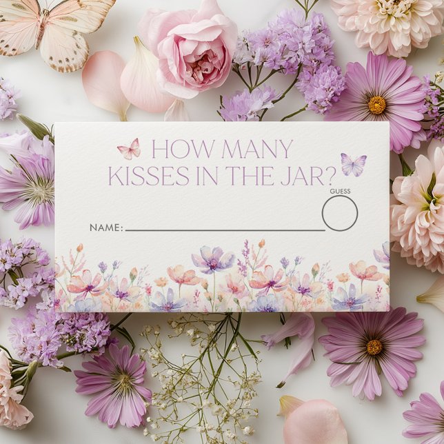 Cartão De Informações How many kisses Floral Butterfly Bridal Shower  (How many kisses in the jar? Bridal shower games ticket. Pastel Wildflower Butterfly Theme)
