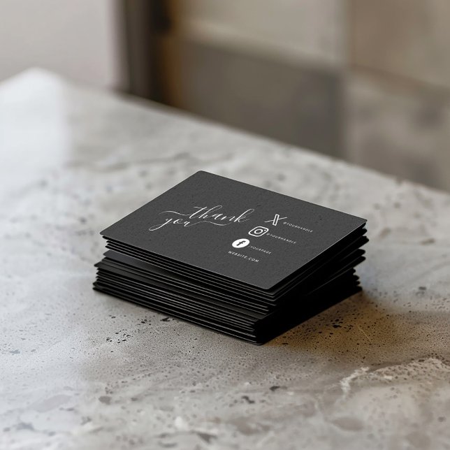 Cartão De Informações Ícones brancos nas mídias sociais obrigado descont (Black insert card with "thank you" script and white social media icons, message and QR code.)