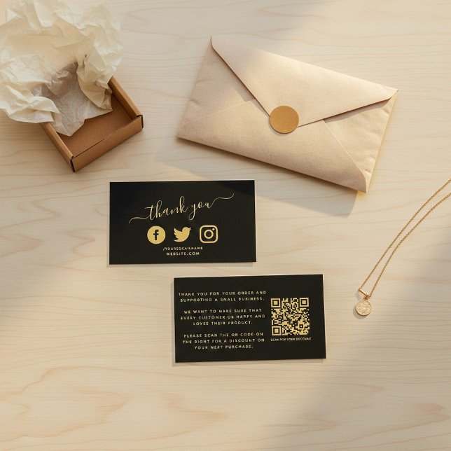 Cartão De Informações Ícones de mídia social dourados código QR desconto (Gold Social media icons QR code thank you discount Enclosure Card.)