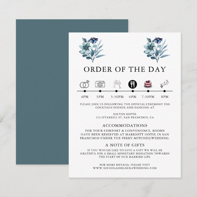 Cartão De Informações Ilustração de Aquarela Rústica Buquê Floral Azul (Frente/Verso)