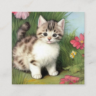 Cartão De Informações Ilustração de Gato Antigo com Flores Vermelhas