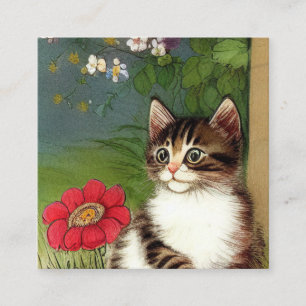Cartão De Informações Ilustração de Gato Vintage com Flores de Mola