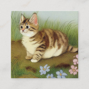 Cartão De Informações Ilustração Vintage Kitten com Flores