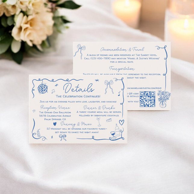 Cartão De Informações Ilustrações de Casamento Francesas Excêntricas e R (Quirky French Retro Wedding Illustrations Details Enclosure Card)