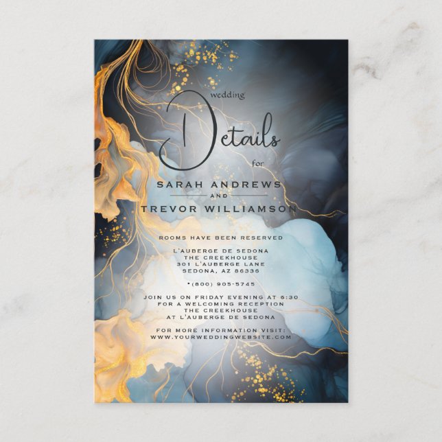 Cartão De Informações Indígio Azul e Abstrato Dourado (Frente)