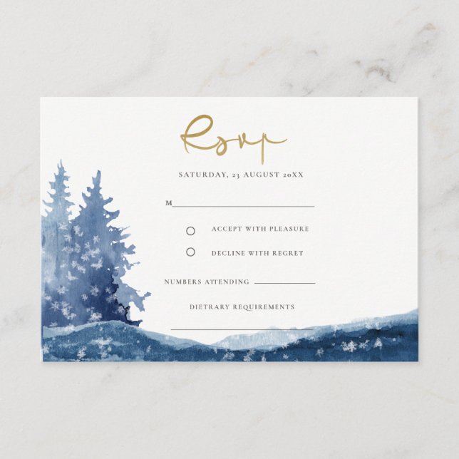 CARTÃO DE INFORMAÇÕES INDIGO INK BLUE MOUNTAIN LAKE SNOW WEDDING RSVP (Frente)