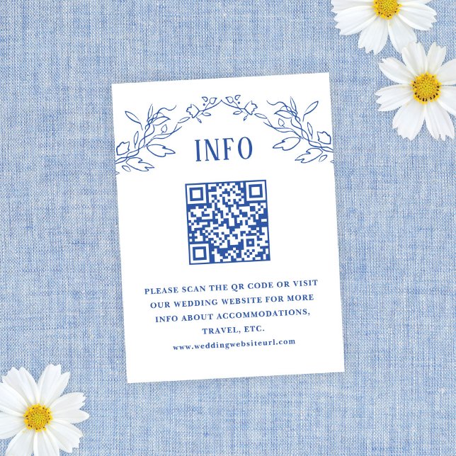 Cartão De Informações Informações de Casamento com Código QR Floral Azul (Criador carregado)