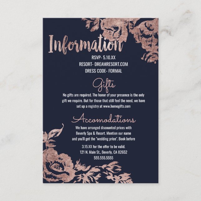 Cartão De Informações Informações de Casamento Floral Azul Marinho e Dou (Frente)