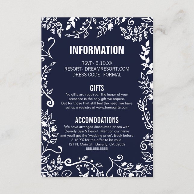 Cartão De Informações Informações de Casamento Floral Azul Naval Elegant (Frente)