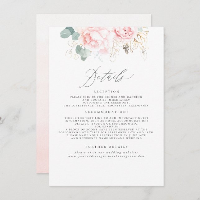 Cartão De Informações Informações de Casamento Floral Elegante Rosa (Frente/Verso)