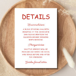 Cartão De Informações Informações de Casamento Retro Vermelho e Branco