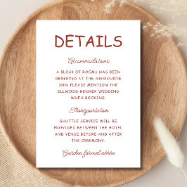 Cartão De Informações Informações de Casamento Retro Vermelho e Branco