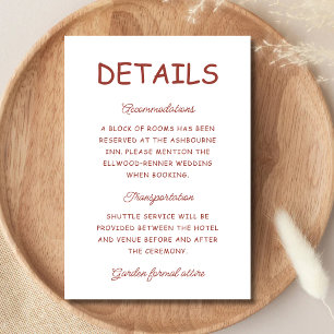 Cartão De Informações Informações de Casamento Retro Vermelho e Branco