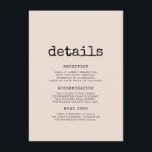 Cartão De Informações Informações de convidado para máquinas de escrever<br><div class="desc">Cartão de informação de convidado de casamento: não se esqueça deste cartão útil com todos os seus importantes detalhes de casamento, como localização, alojamento, transporte, etc... Um design minimalista e vintage para a sua papelaria de casamento: escolha esta suíte de casamento retrô, mas moderna, com uma letra de máquina de...</div>