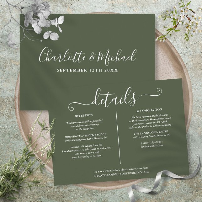 Cartão De Informações Informações de Detalhes de Casamento com Assinatur (Olive Green Signature Wedding Details Information Enclosure Card)