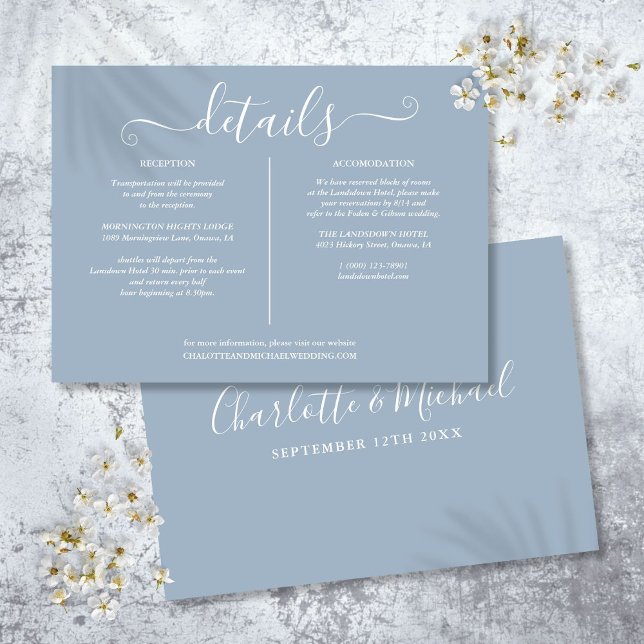 Cartão De Informações Informações de Detalhes de Casamento com Assinatur (Dusty Blue Signature Wedding Details Information Enclosure Card)