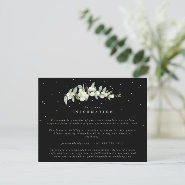 Cartão De Informações Informações do Casamento Black Snowberry + Eucalyp (Em pé/Frente)