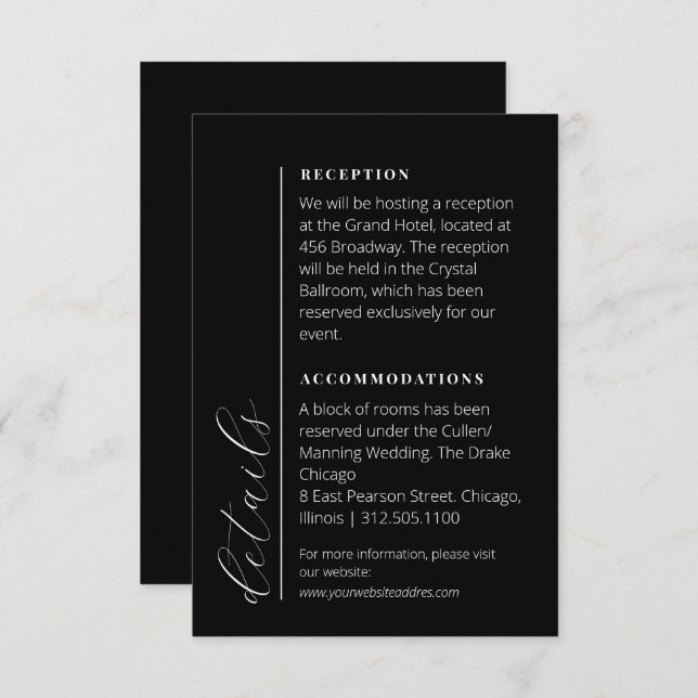 Cartão De Informações Informações mínimas sobre casamento preto e branco (Frente/Verso)