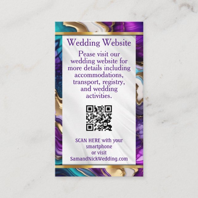 Cartão De Informações Informações sobre Casamento Dourado, Roxo Elegante (Frente)