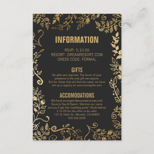 Cartão De Informações Informações sobre Casamento Floral Dourado Elegant (Frente)
