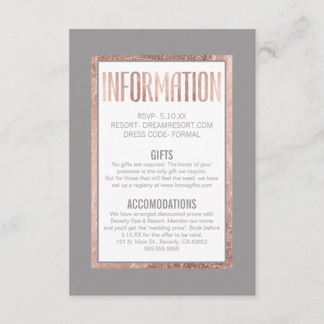 Cartão De Informações Informações sobre Cinza Dourada de quadro simples (Frente)