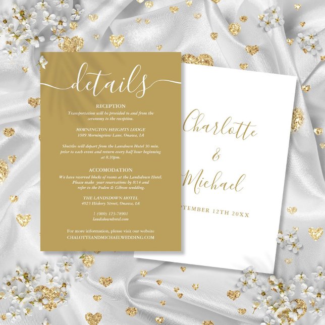 Cartão De Informações Informações sobre Detalhes de Casamento Dourado de (Script Gold Wedding Details Information Enclosure Card)